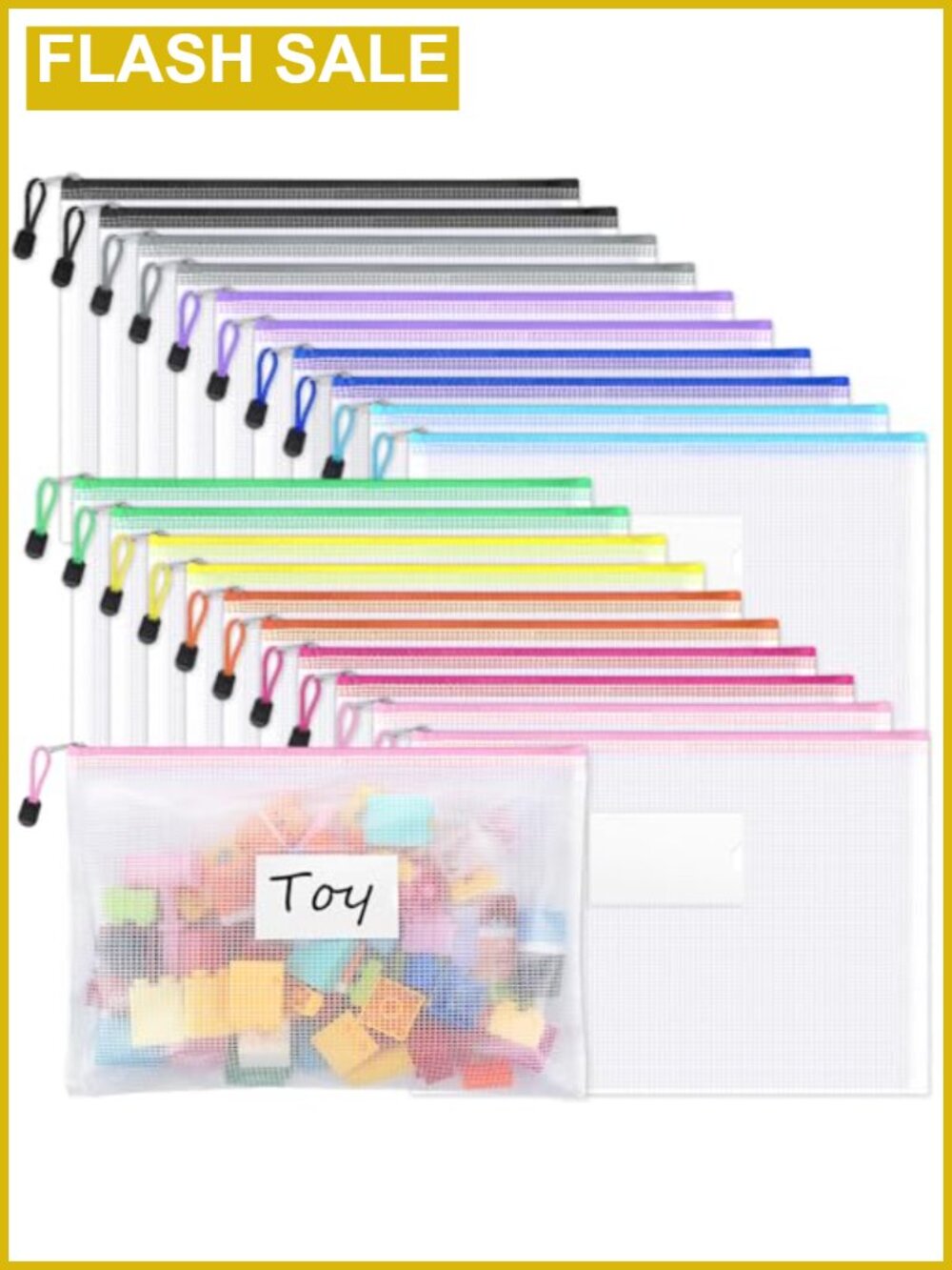 20 Pack Mesh Zipper Pouches A4 PVC File Organizer Bags with Label Pockets
